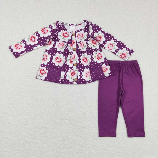 GLP0928 Flower Polka Dot Pocket Button Purple Long Sleeve Pants Suit