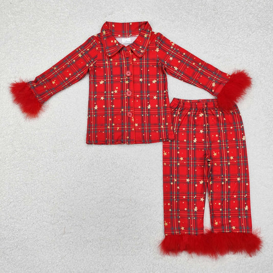 GLP0956 Baby Girls Christmas Green Red Plaid Button Ups Shirt Pants Pajamas Clothes Sets