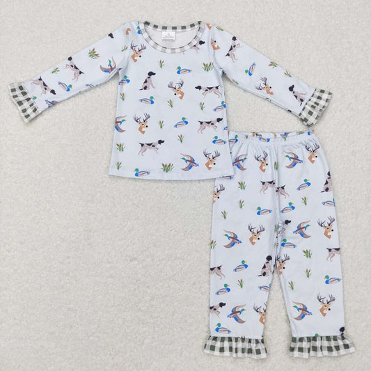 GLP0974 Duck Dog Elk Plaid Lace Light Blue Long Sleeve Pants Suit