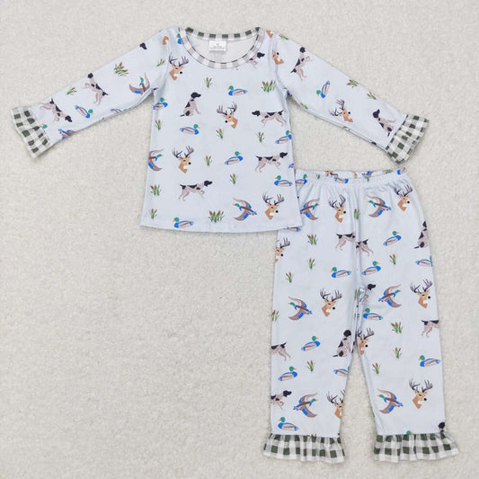 GLP0974 Duck Dog Elk Plaid Lace Light Blue Long Sleeve Pants Suit