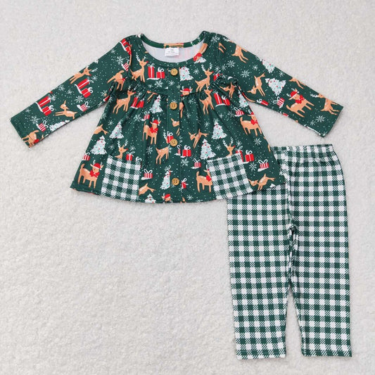 GLD0990 Deer Gift Christmas Tree Pocket Long Sleeve Green and White Plaid Pants Suit