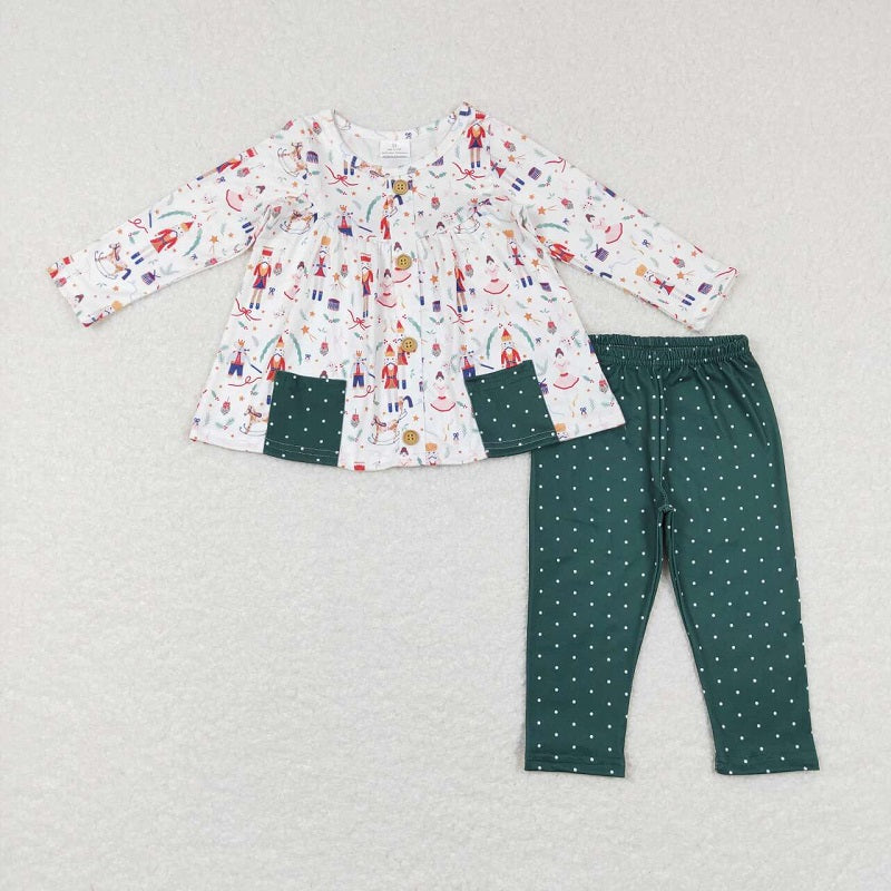 GLP0991 Cartoon dancing girl soldier pocket polka dot green pants suit