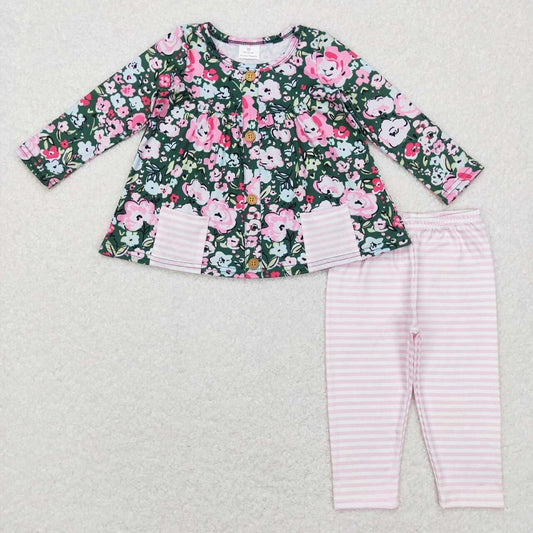 GLP0994 Flower pocket green long sleeve pink and white striped trousers suit