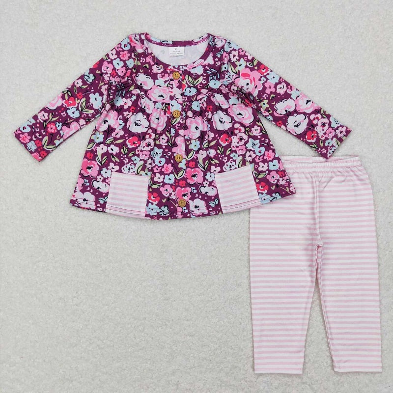 GLP0995 Flower pocket purple long sleeve pink and white striped trousers suit