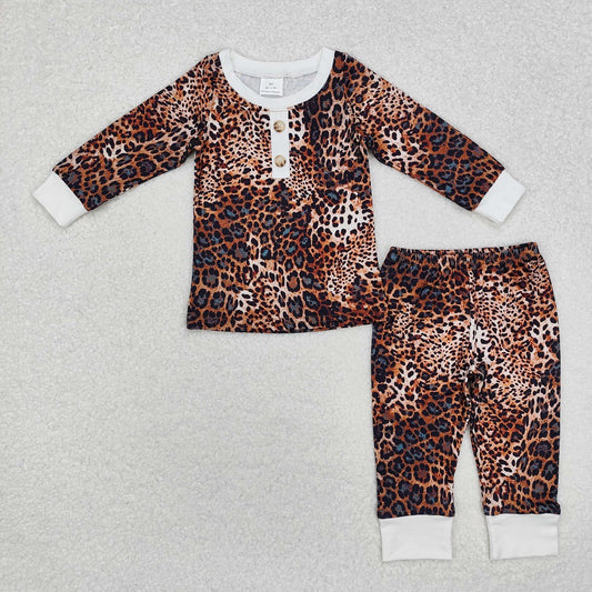 GLP1014 Baby Girls Leopard Buttons Design Shirt Pants Pajamas Clothes Sets