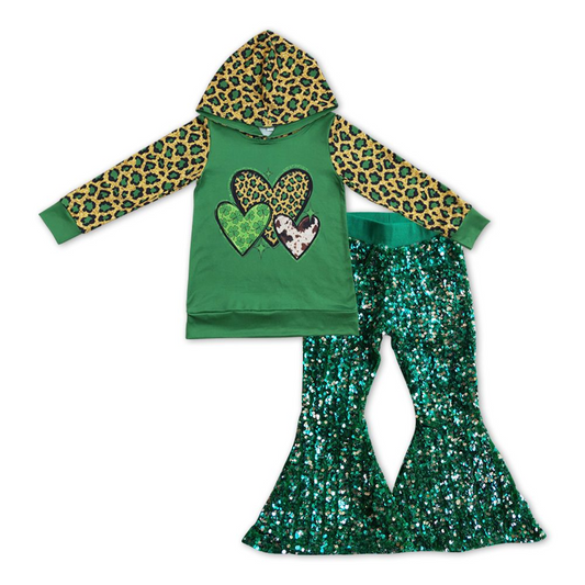 GLP1023 Baby Girls St Patrick Day Hearts Hooded Top Shirts Sequin Green Bell Pants Clothes Sets
