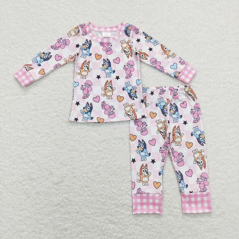GLP1099 Cartoon Dog Love Pink and White Plaid Long Sleeve Pants Suit