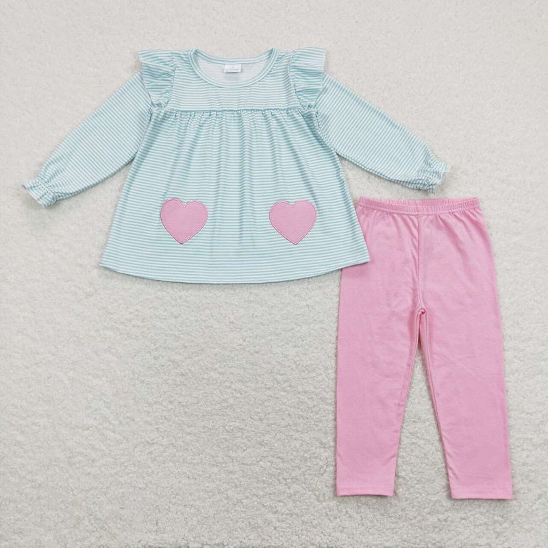 GLP1114 Embroidered love striped long-sleeved pink trousers suit