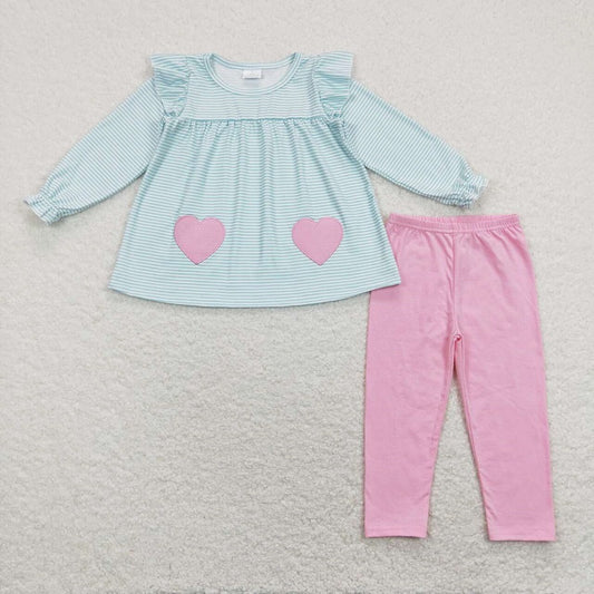 GLP1114 Embroidered love striped long-sleeved pink trousers suit