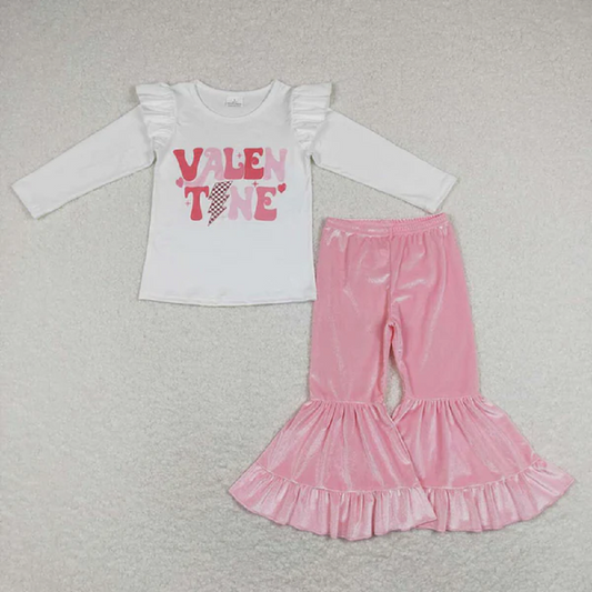 GLP1141 Baby Girls White Valentines Shirt Top Velvet Bell Pants Clothes Sets