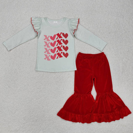 GLP1142 Baby Girls White Valentines Shirt Top Velvet Bell Pants Clothes Sets