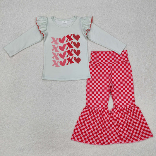 GLP1164 Baby Girls Valentines Long Sleeve Shirts Pink Checkered Bell Pants Clothes Sets