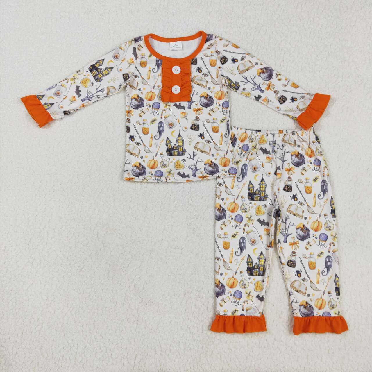 GLP1172 Ghost Magic Broom Pumpkin Castle Orange Lace Long Sleeve Long Pants Pajama Set