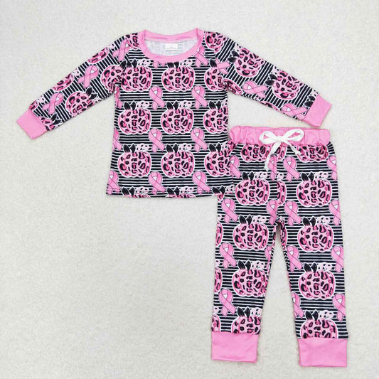 GLP1183 Rose Red Leopard Print Pumpkin Stripe Long Sleeve Long Pants Pajama Set