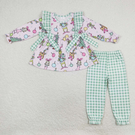 GLP1189 Christmas gift green plaid lace bow pink long sleeve trousers suit