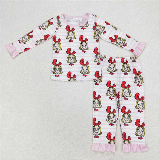GLP1193 Bamboo Girls Pink Striped Lace Long Sleeve Long Pants Pajama Set