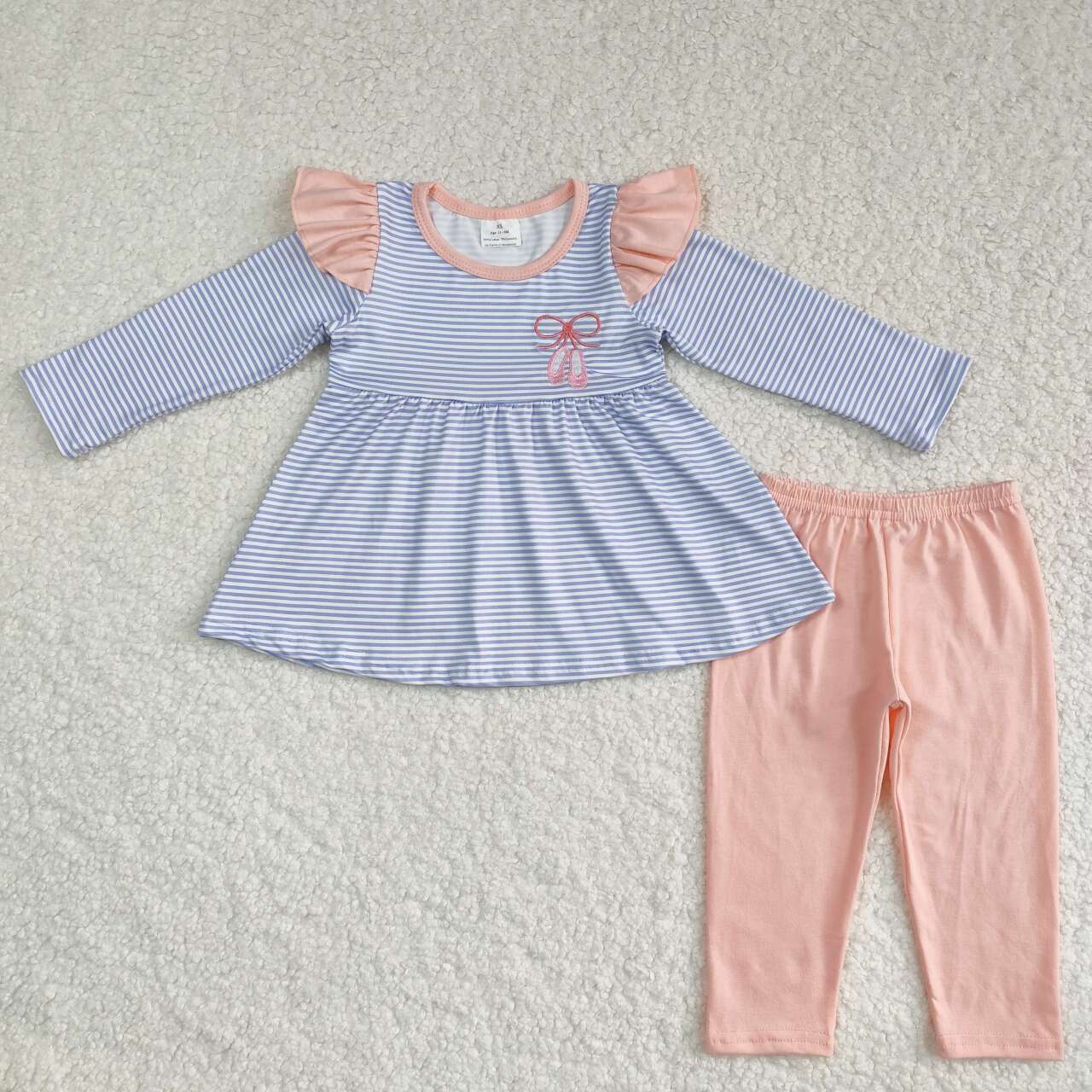 GLP1194 Embroidered Ballet Shoes Blue Striped Long Sleeve Pink Pants Set