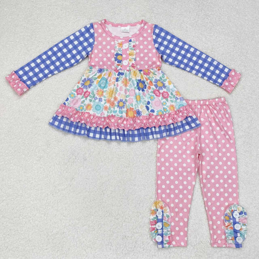 GLP1196 Baby Girls Colorful Flowers Tunic Ruffle Pants Clothes Sets