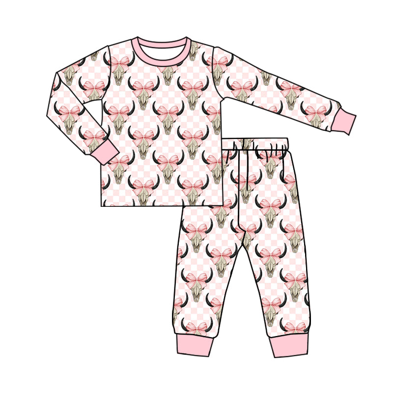 presale GLP1215 Alpine Cow Head Bow Plaid Pink Long Sleeve Pants Pajama Set