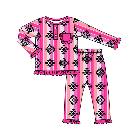 presale GLP1222 Geometric pink striped lace pocket long-sleeved trousers pajama set