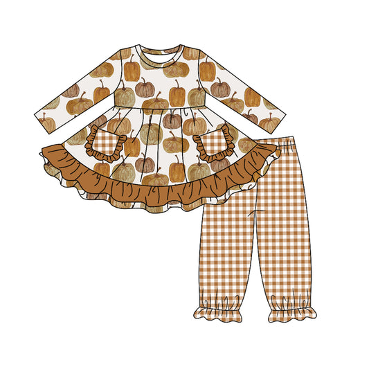 presale GLP1223 Pumpkin Brown Plaid Pocket Lace Long Sleeve Pants Suit