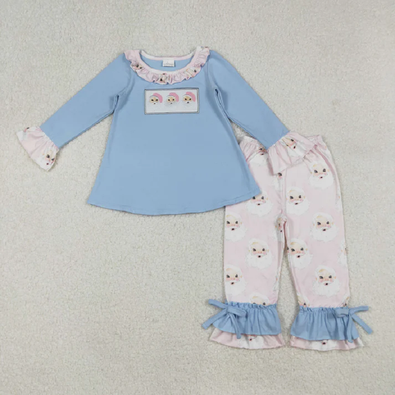 Sibling Embroidery Santa Baby Boys Girls Blue Shirts Top Pants Christmas Clothes Sets  D 908