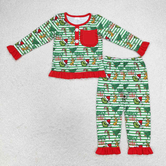 GLP1228 Puppy Christmas Tree Red Lace Pocket Green Striped Long Sleeve Pants Pajama Set