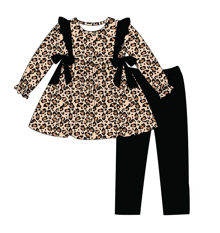 GLP1238 Leopard print black bow long sleeve trousers suit