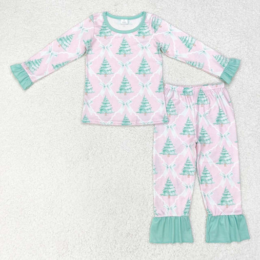 GLP1242 Bamoboo Christmas tree bow green lace pink long-sleeved trousers pajama set