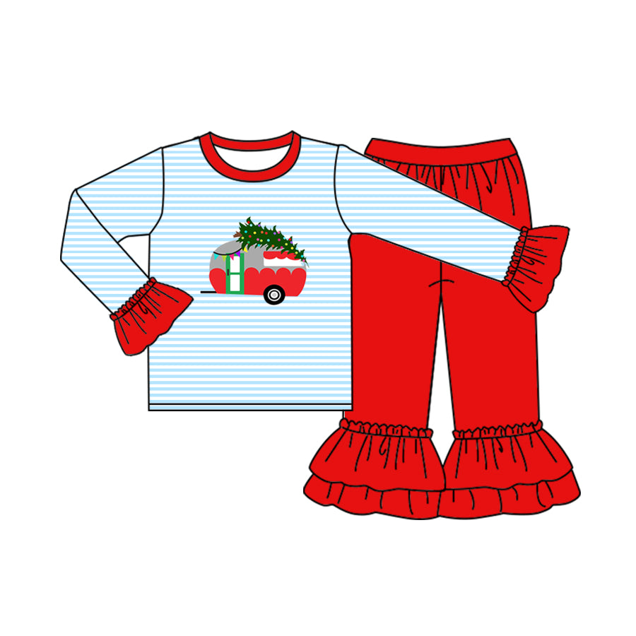 presale GLP1251 Christmas tree camper blue striped lace long sleeve red pants suit