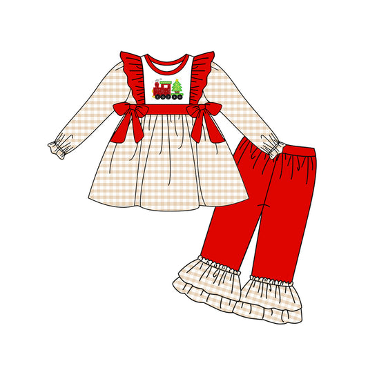 presale GLP1252 Christmas tree train plaid red lace bow long-sleeved trousers suit