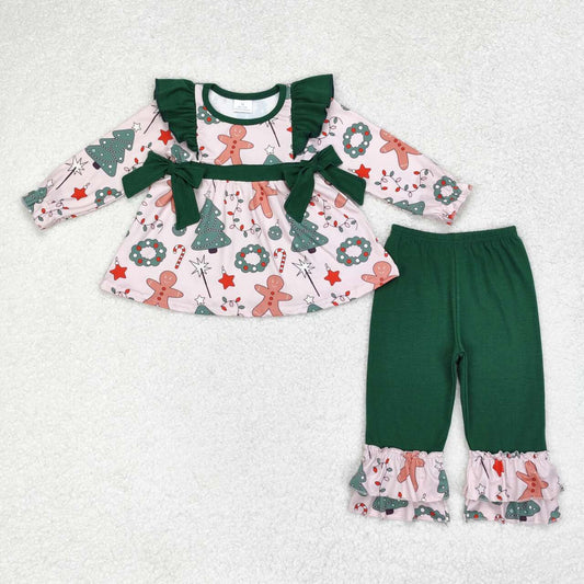 GLP1254 Christmas Tree Gingerbread Man Garland Green Lace Bow Long Sleeve Pants Suit