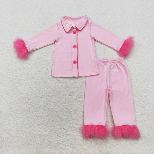 GLP1255 Pink long-sleeved and long-pants pajama set with plush trim