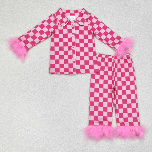 GLP1256 Plush edge rose red plaid long sleeve trousers pajamas set