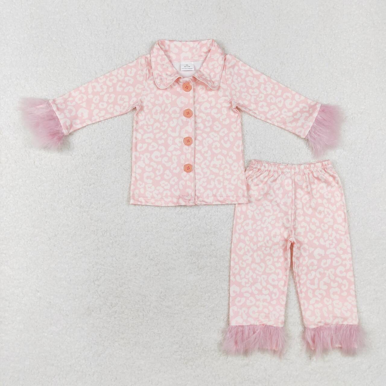 GLP1258 Pink fur trim leopard print long sleeves and long pants pajama set