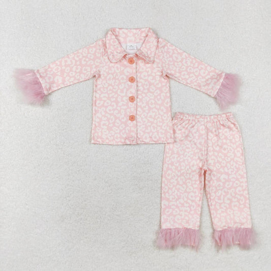 GLP1258 Pink fur trim leopard print long sleeves and long pants pajama set