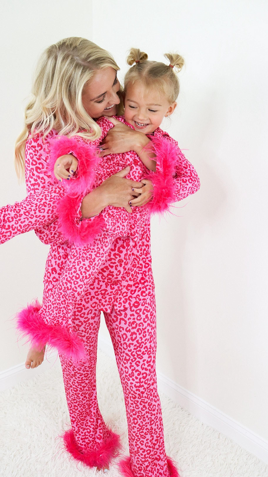 presale GLP1261 Adult women's plush leopard print pink long-sleeved trousers pajama set