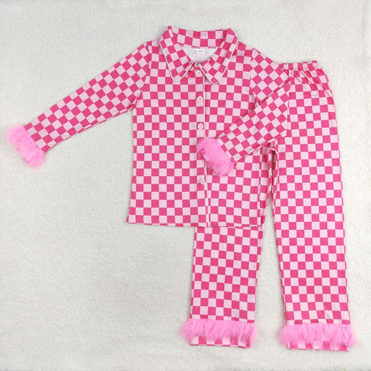 GLP1265 Adult women's plush edge rose red plaid long-sleeved trousers pajama set