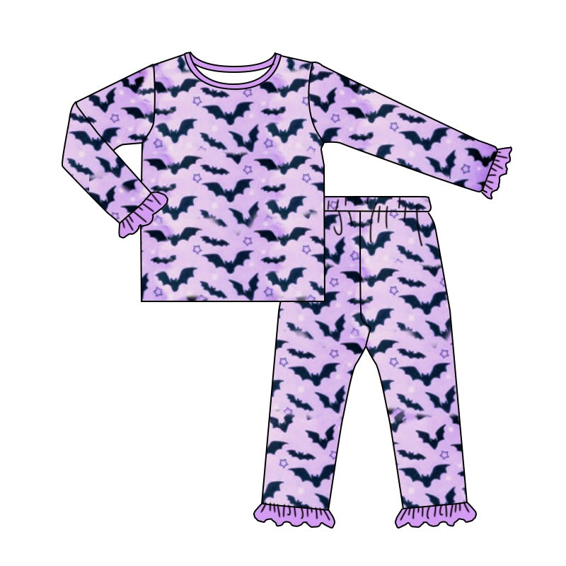 GLP1268 Bamboo Halloween Bat Purple Lace Long Sleeve Long Pants Pajama Set