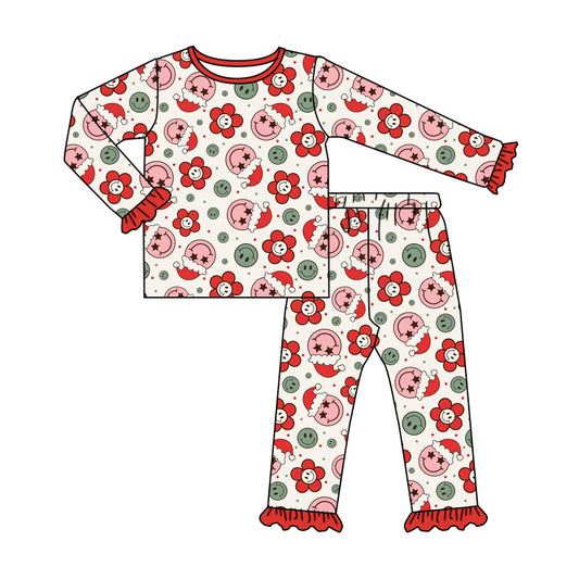 presale GLP1272 Christmas Smiley Flower Red Lace Long Sleeve Long Pants Pajama Set