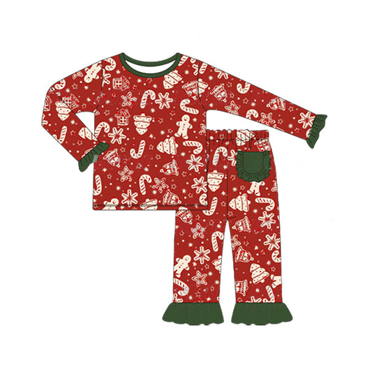 presale GLP1276 Christmas tree bell gingerbread man cane lace red long sleeve long pants pajama set