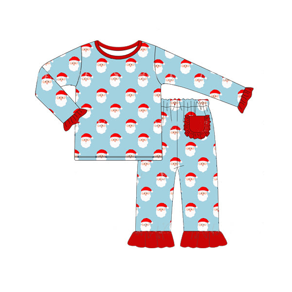 GLP1277 Santa Claus Lace Blue Long Sleeve Long Pants Pajama Set