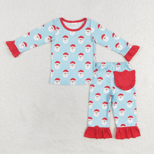 GLP1277 Santa Claus Lace Blue Long Sleeve Long Pants Pajama Set