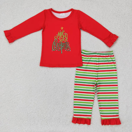 GLP1282 merry christmas lace long sleeve red and green striped trousers pajama set