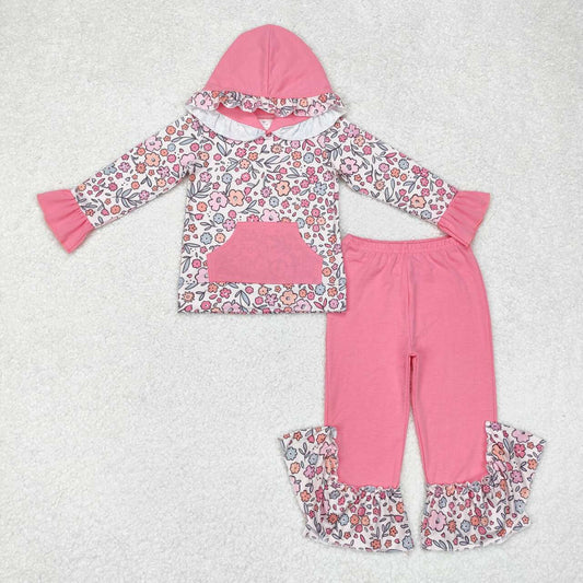 GLP1285 Floral Pink Lace Hooded Long Sleeve Pants Set