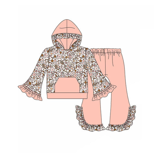 presale GLP1286 Flower Pink Orange Lace Hooded Long Sleeve Pants Set