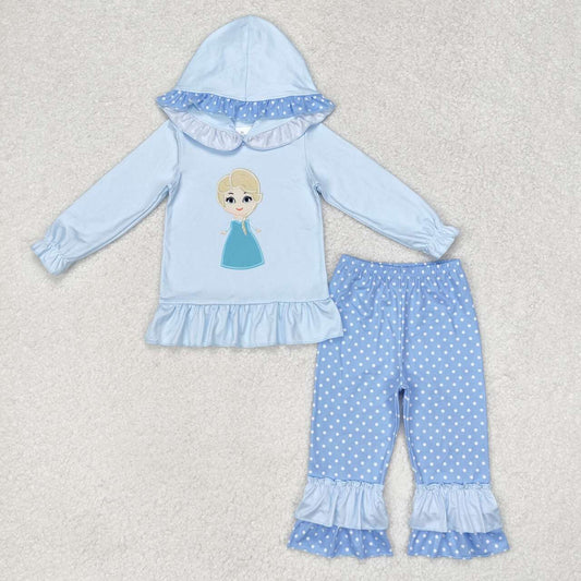 GLP1289 girls Blue Hooded Polka Dot Pants Suit