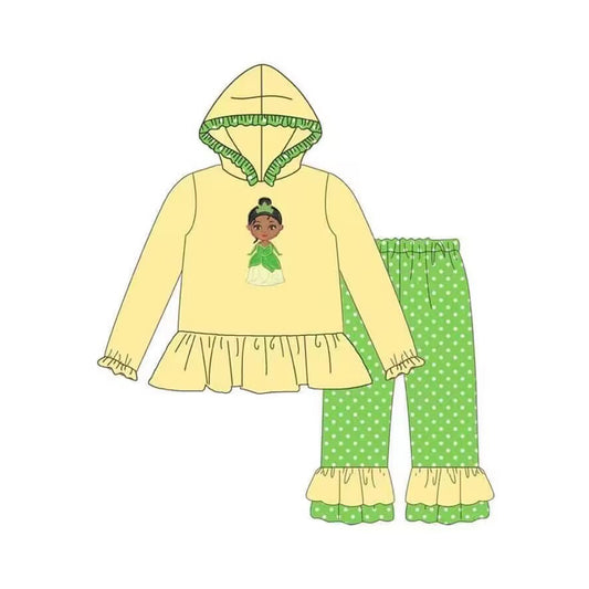 presale GLP1290 girls Yellow Hooded Polka Dot Green Pants Suit