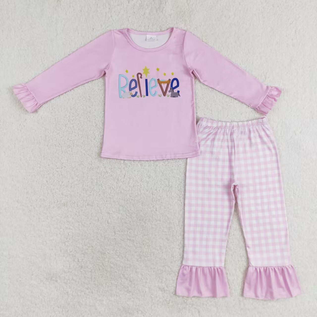 GLP1300 Star Pink Long Sleeve Plaid Pants Pajama Set