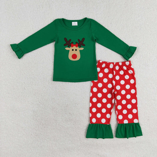 GLP1301 Embroidered Reindeer Green Lace Long Sleeve Red Striped Pants Pajama Set